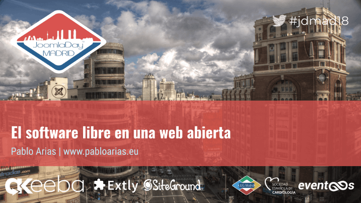 Portada de la ponencia El software libre en una web abierta del JoomlaDay Madrid 2018
